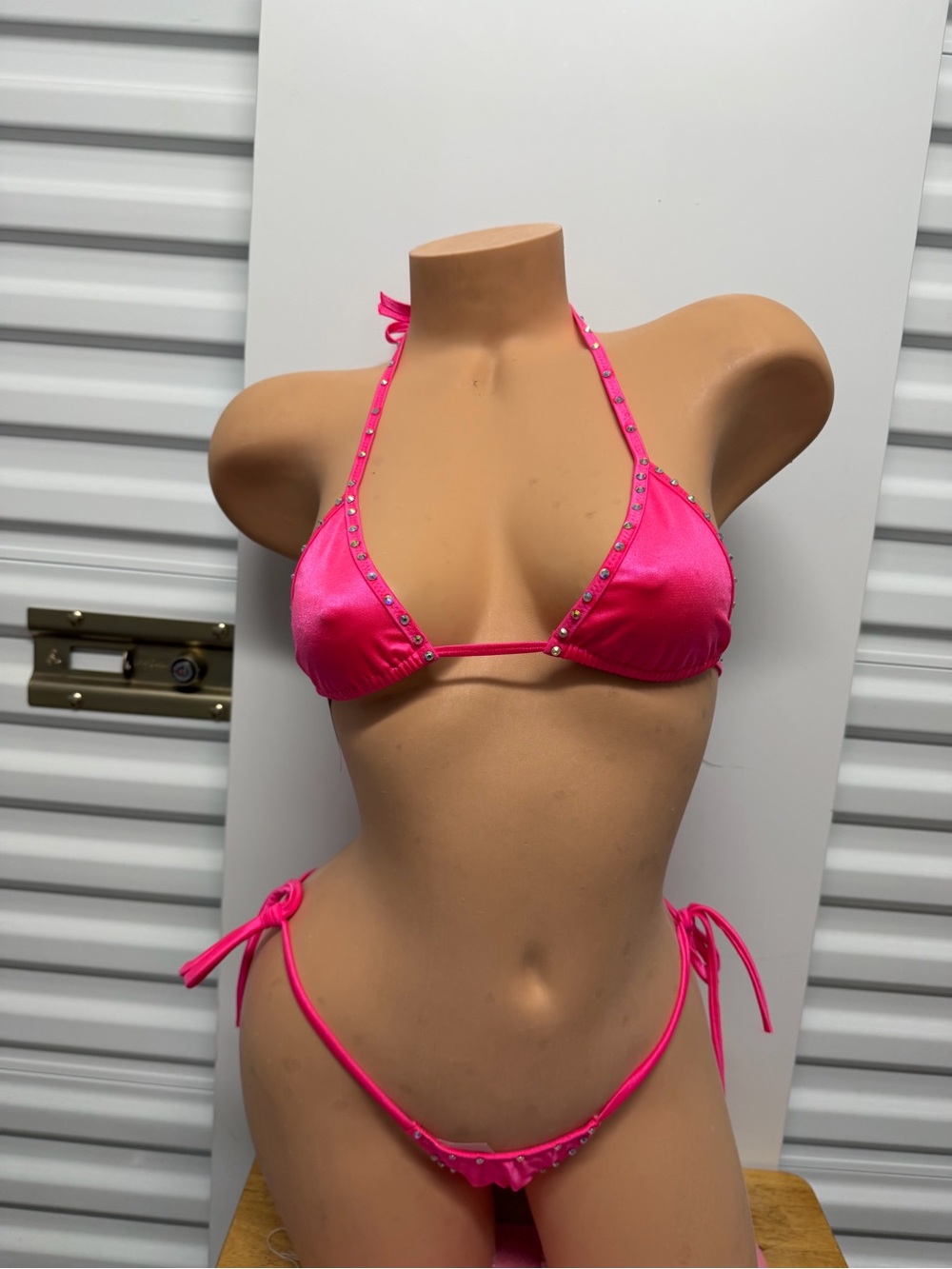 Hot Pink Stud Trim Triangle Bikini Top and Tie-Side Bottom - Women Swim